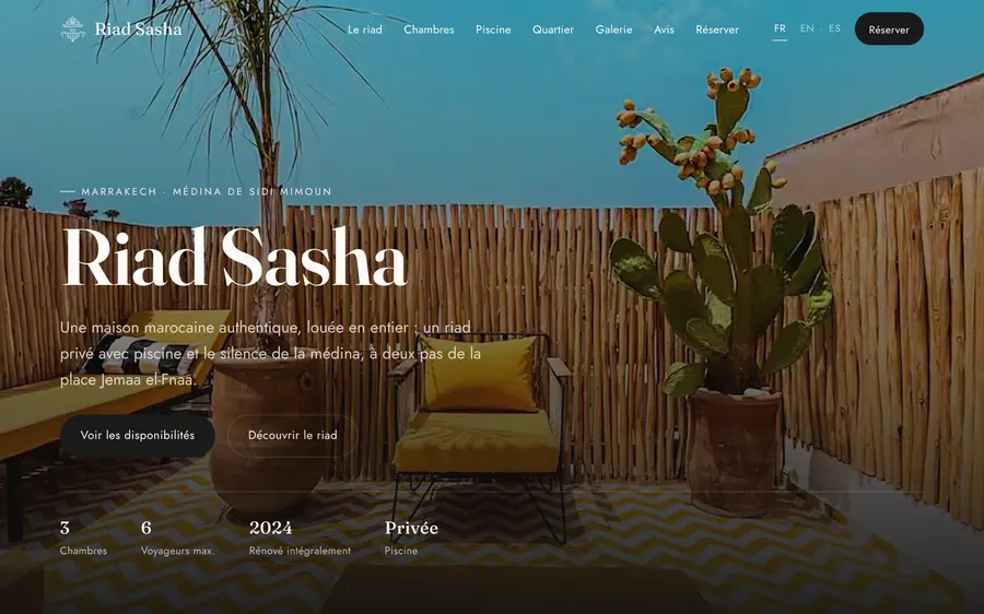 Page d’accueil du site de Riad Sasha, sur ordinateur